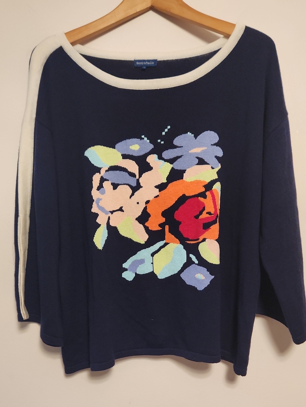 Henny & Paulie Navy Floral Intarsia Boatneck Sweater Top Size M oversized